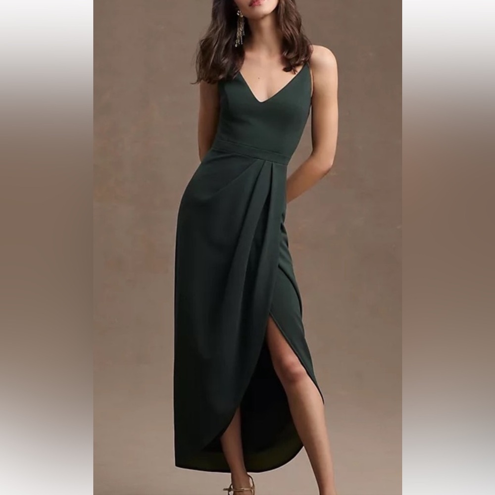 BHLDN Dark Green High-Low V-Neck Dress